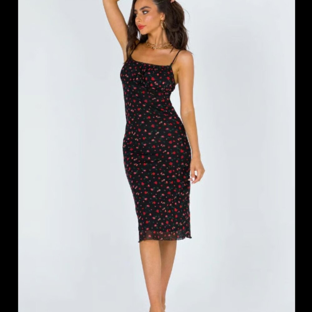 Princess Polly Black Red Floral Midi Dress, Sz Small